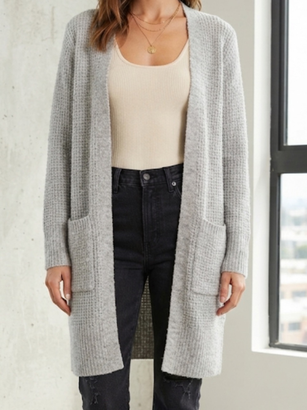 THEO & SPENCE Waffle Knit Longline Open Cardigan Grey Large